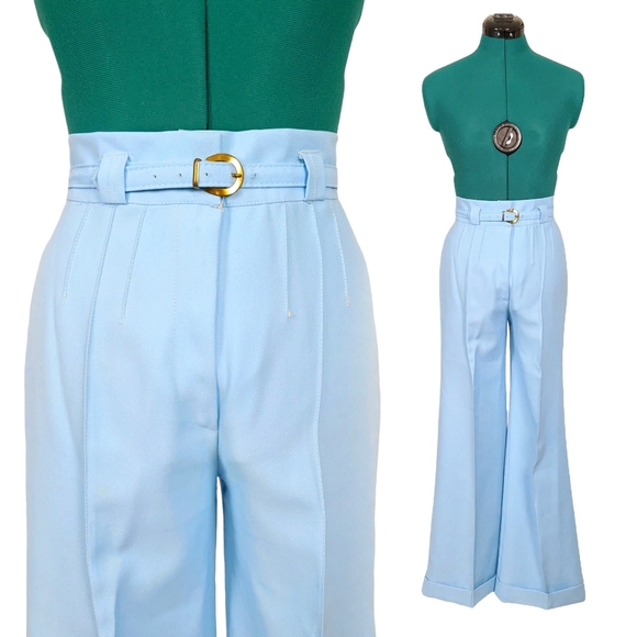 Vintage Pants - 1970s High Waisted Vintage Flares Pants Original Matching Belt Blue Bell Bottoms